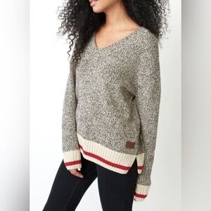 ROOTS CABIN Canada Cotton Blend Gray Oat Mix V Neck Oversized Sweater Medium